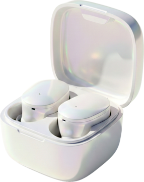 Białe, perłowe słuchawki bezprzewodowe douszne w otwartym etui ładującym, widoczne z góry.