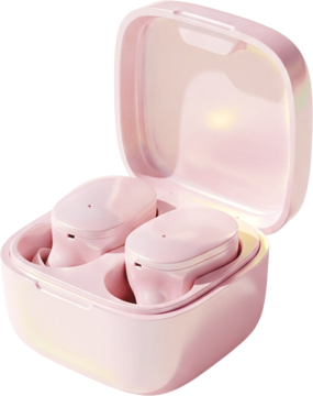 Różowe bezprzewodowe słuchawki douszne w otwartym, gładkim etui ładującym, widok z góry pod kątem.