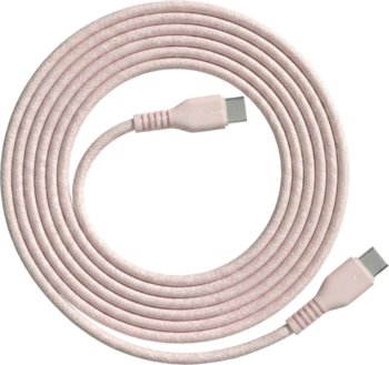 Różowy, pleciony kabel USB-C do szybkiego ładowania, zwinięty w okrąg, widok z góry.