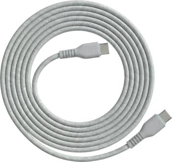 Biały, pleciony kabel USB-C na USB-C, zwinięty w zgrabny okrąg, widok z góry.