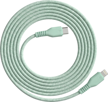 Miętowy kabel ładujący USB-C do Lightning w tekstylnym oplocie, zwinięty w okrąg, widok z góry.