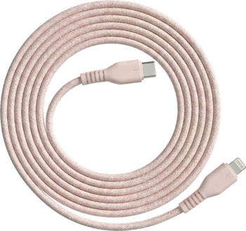 Jasnoróżowy, pleciony kabel ładujący USB-C do Lightning, starannie zwinięty w spiralę na jasnym tle.