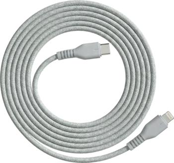 Srebrny, pleciony kabel USB-C na Lightning do ładowania, zwinięty w okrąg, widok z góry.