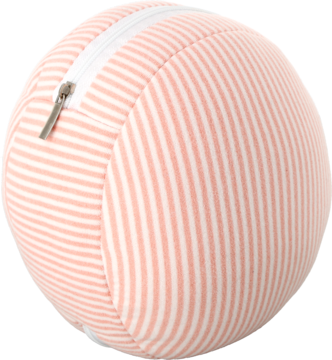 Różowo-biała kula piorąca w paski, z widocznym białym zamkiem błyskawicznym na wierzchu, widok pod kątem.