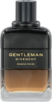 Givenchy Gentleman Réserve Privée, męska woda perfumowana drzewno-słodka, butelka czarno-bursztynowa, widok z przodu.