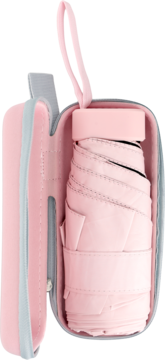 Eloy mini parasol kieszonkowy różowy, złożony w szaro-różowym etui z paskiem. Widok pionowy.