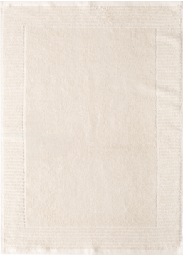 Jasny beżowy prostokątny ręcznik bawełniany, widok z góry, z prążkowanym obramowaniem i gładkim środkiem.