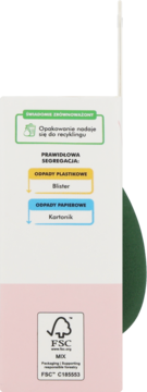 Część opakowania gąbki do makijażu z zieloną, żółtą i niebieską etykietą segregacji odpadów oraz logo FSC.
