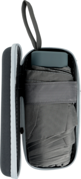 Eloy mini parasol kieszonkowy, szary, złożony w otwartym szarym etui z pętlą, widok z boku.