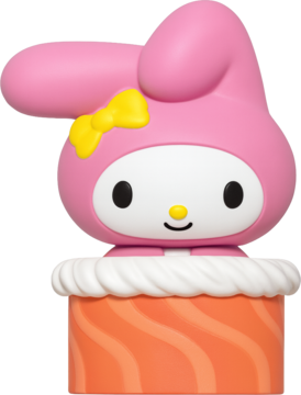 Hello Kitty figurka My Melody na podstawie przypominającej sushi, różowa, z żółtą kokardką. Widok z przodu.