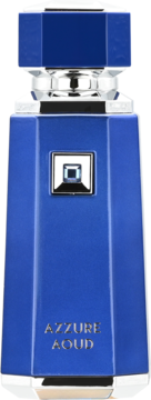Niebieski, fasetowany flakon French Avenue Azzure Aoud eau de parfum ze srebrnym zdobieniem i napisem, widok z przodu.