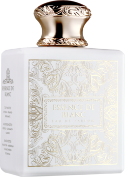 Essence De Blanc woda perfumowana, biała kwadratowa butelka ze złotym korkiem i detalami, widok z przodu.