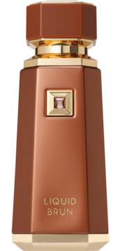 Woda perfumowana French Avenue Liquid Brun w brązowej butelce, złotym akcentem i różowym kamieniem. Widok z przodu.