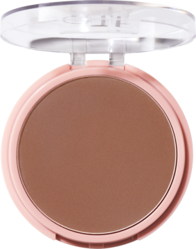 Lekki puder e.l.f. Halo Glow Rich Cool, brązowy, w okrągłej puderniczce z różowym brzegiem i otwartym wieczkiem.