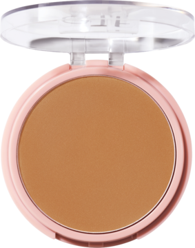 Otwarty, lekki puder prasowany e.l.f. Halo Glow w odcieniu Tan Neutral Warm, różowe opakowanie, widok z góry.