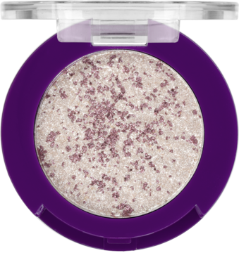 Otwarty fioletowy kompakt Wibo Rich Witch, brokatowy topper do powiek z jasnym cieniem i różowymi drobinkami.