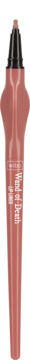 Matte blush pink liquid lipstick in slender tube with black cap, visible applicator, front view.