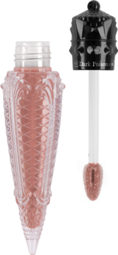 Otwarty błyszczyk Dark Poison w odcieniu rose gold, butelka z ozdobnymi żłobieniami, czarna koronkowa nakrętka.