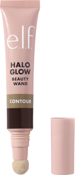 Płynny kontur e.l.f. Halo Glow Beauty Wand Deep Rich w różowej tubce z brązowym dołem i aplikatorem, nakrętka obok.