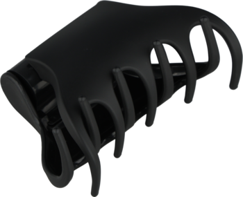 Czarna matowa klamra do włosów z innowacyjnym mechanizmem zapadkowym, widok pod kątem, pewne trzymanie.