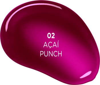 Błyszcząca, fuksjowa kropla eliksiru do ust Açaí Punch, wzbogaconego superowocami. Napis: '02 AÇAÍ PUNCH'.
