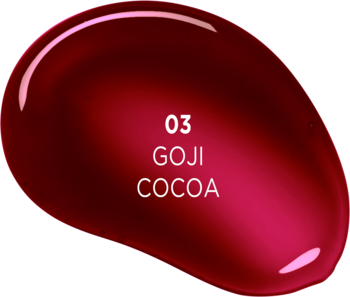 Lśniący eliksir do ust Goji Cocoa 03, głęboka czerwień z połyskiem, widok z góry na swatch.