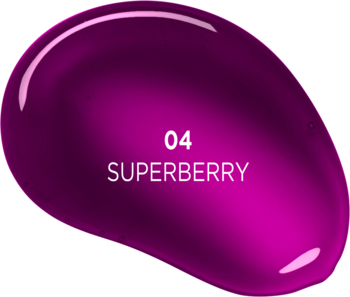 Lśniący, głęboki purpurowy eliksir do ust Superberry. Nawilżający tint w kształcie fasolki, widok z góry.