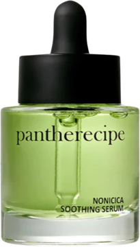 Pestlo Pantherecipe Nonicica Soothing Serum w zielonej butelce z czarnym kroplomierzem, widok z przodu. Serum koi skórę.