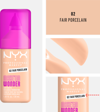 Matujący podkład NYX Make 'Em Wonder 02 Fair Porcelain, beżowa butelka z różową pompką i próbkami koloru.