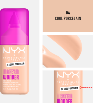 Matujący podkład NYX Make 'Em Wonder 04 Cool Porcelain. Cała beżowa butelka z różową pompką oraz zbliżenia na odcień.