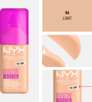 Matujący podkład NYX Make Em Wonder 06 Light; butelka z różową pompką i próbki koloru na jasnym tle.