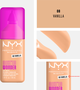 NYX Make Em Wonder matujący podkład w odcieniu Vanilla 08, beżowa butelka z różową pompką i próbkami koloru.