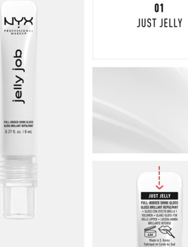 Błyszczyk NYX Jelly Job Just Jelly, biała tubka z przezroczystym aplikatorem, widok produktu i tekstury.