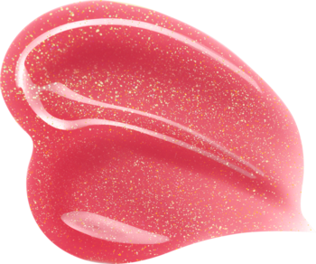 Różowo-koralowy błyszczyk NYX Jelly Job Jelly Kissed z drobinkami, gęsto rozsmarowany na białym tle, błyszcząca tekstura.