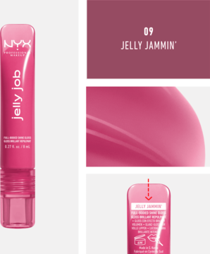 Wieloobrazowe ujęcie błyszczyka NYX Jelly Job Jelly Jammin': tubka, próbka koloru i zbliżenie na szklany połysk.