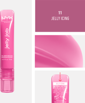 NYX Jelly Job różowy błyszczyk do ust w odcieniu Jelly Icing, ukazany w wielokrotnym ujęciu z teksturą i swatchami.