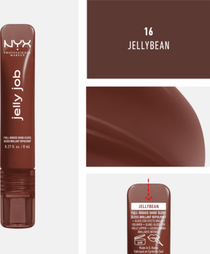 NYX Jelly Job błyszczyk do ust Jellybean, odcień 16. Wielopanelowe zdjęcie z tubką, brązowymi próbkami i etykietą.