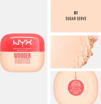 NYX Wonder Snatch puder Sugar Serve: beżowy słoiczek z koralowym wieczkiem oraz zbliżenia sypkiego pudru i spodu opakowania.