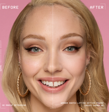 NYX Wonder Snatch Cheeky Cherry, modelka przed i po: lewa strona naturalna, prawa z wygładzoną cerą i liftingiem.