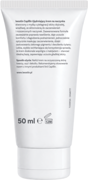 Tył białej tubki Iwostin Capillin Ujędrniający krem na naczynka 50 ml, z czytelnym polskim opisem produktu.