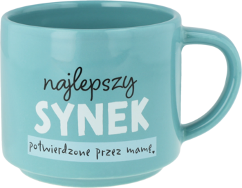Turkusowy kubek Eloy, 280 ml, z białym napisem 'najlepszy SYNEK potwierdzone przez mamę', widok z przodu.