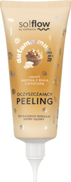 so!flow peeling trychologiczny o zapachu muffina z białą czekoladą, beżowa tubka z rysunkiem muffina, widok z przodu.