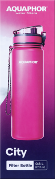 Różowa butelka filtrująca Aquaphor City 0.8L z aksamitną powłoką, widok z przodu w pudełku.