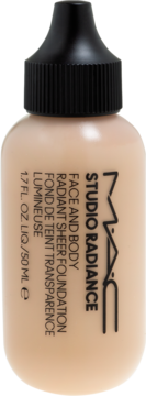 Beżowy podkład MAC Studio Radiance Face and Body w szklanej butelce z czarną pipetą, etykieta z nazwą produktu i pojemnością 50ml, widok z przodu.