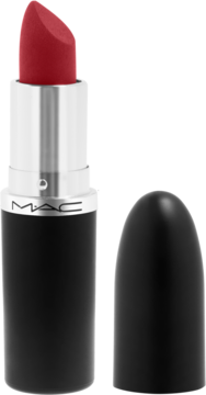 Otwarta czerwona pomadka MAC Ximal Silky Matte Russian Red o matowym wykończeniu, w czarno-srebrnej tubce z zatyczką obok.