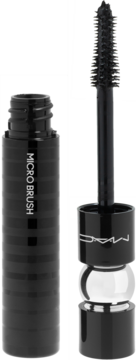 Otwarty czarny tusz MAC Stack Micro Brush z kolczastą szczoteczką do rzęs, widok na opakowanie.