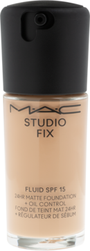 Beżowy podkład MAC Studio Fix Fluid SPF 15 matujący, w szklanej butelce z czarną pompką, widok z przodu.