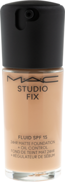 MAC Studio Fix Fluid SPF 15, matujący podkład do twarzy w szklanej butelce z pompką, widok z przodu.