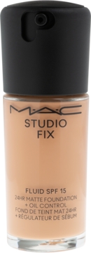 Matujący podkład MAC Studio Fix Fluid SPF 15 w szklanej butelce z czarną pompką, widok z przodu.