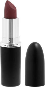 Matowa pomadka MAC Ximal Silky Matte Diva, głęboki odcień śliwki, czarna tuba ze srebrnym paskiem, obok zakrętka.